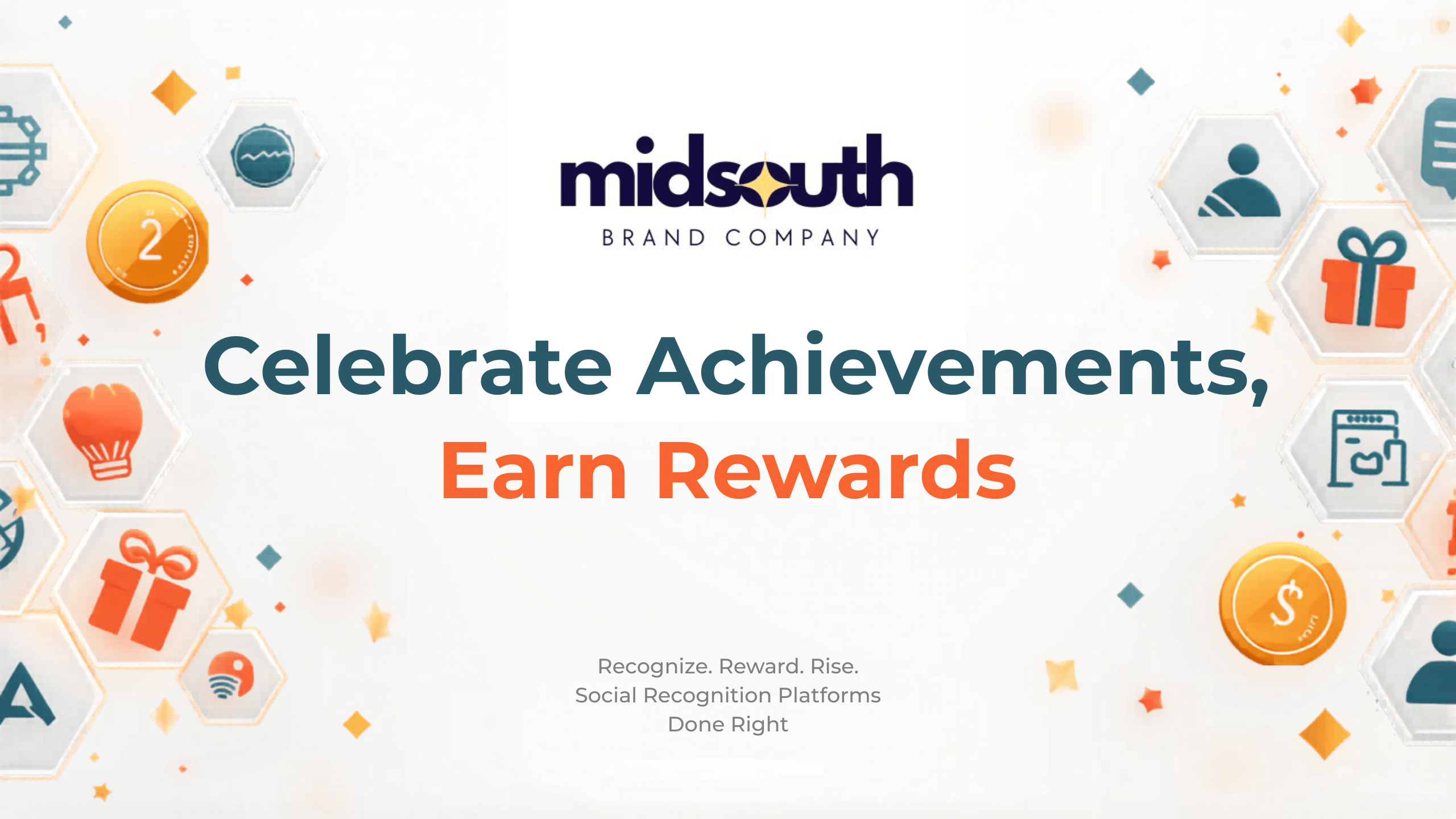 Midsouth Brand Company promotes achievement recognition and rewards through a vibrant graphic featuring icons of celebration and rewards.